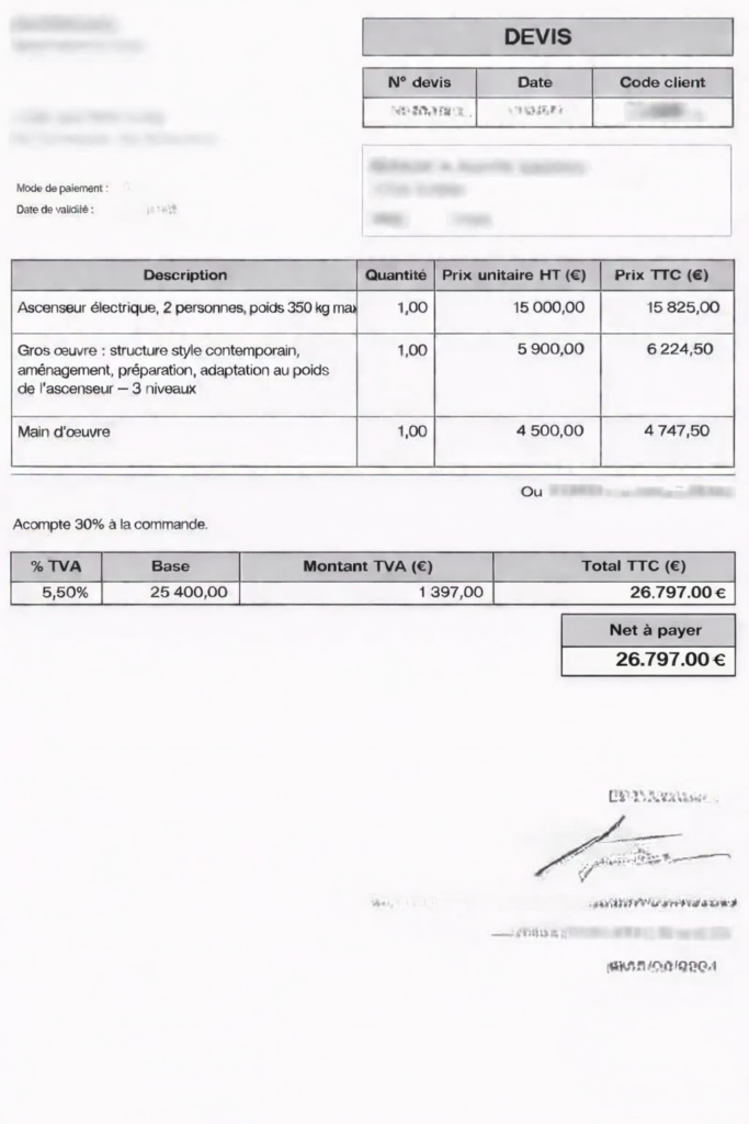 Devis d'installation d'un ascenseur